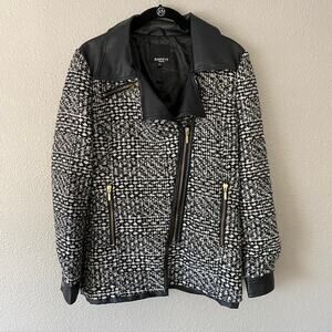 Barneys Tweed Asymmetrical Zip Front Tweed Vegan Leather Lined Moto Jacket 10